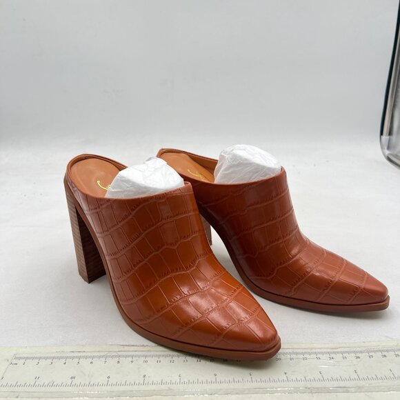 FOWT Crocodile Brown Pointed Toe Slip On Mules Stacked Block High Heel Sandal - Picture 4 of 8